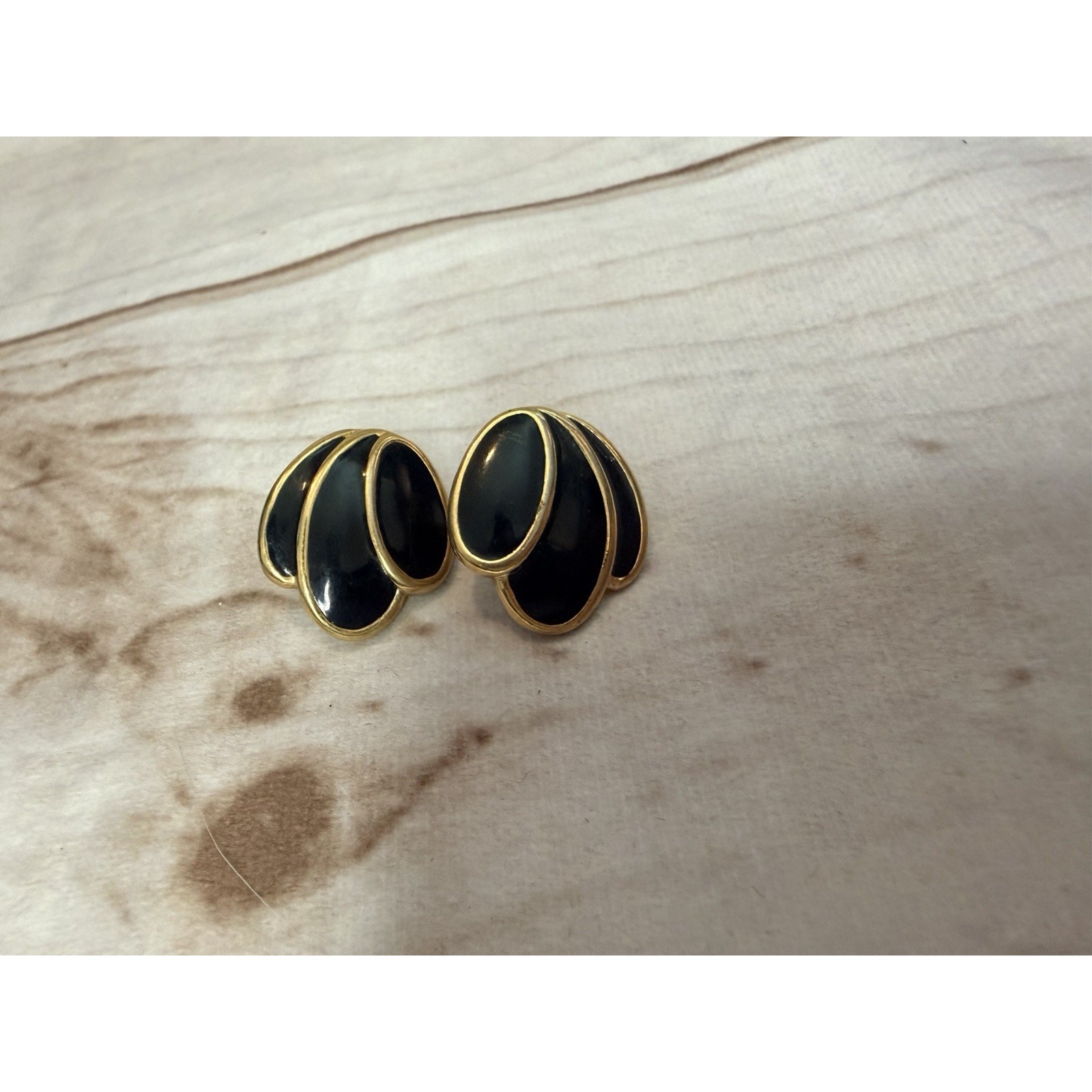 Vintage Napier Safty Back Earring Faux Black Onyx Gold Tone Statement